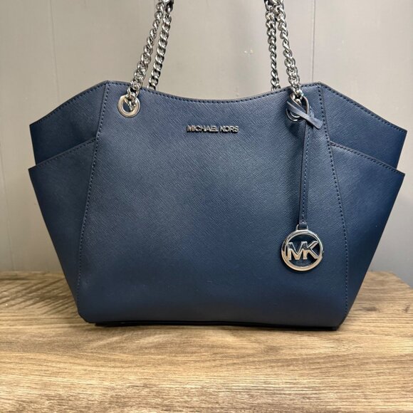 MICHAEL KORS Jet Set Chain Tote Shoulder Bag In Navy Blue Leather - Picture 2 of 10